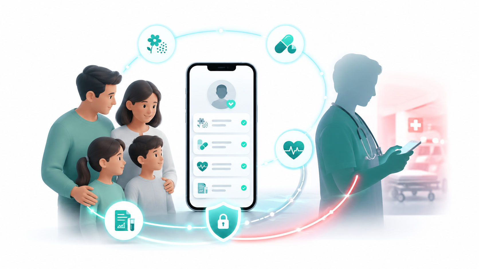 A family securely sharing health information with a doctor through HealthBook