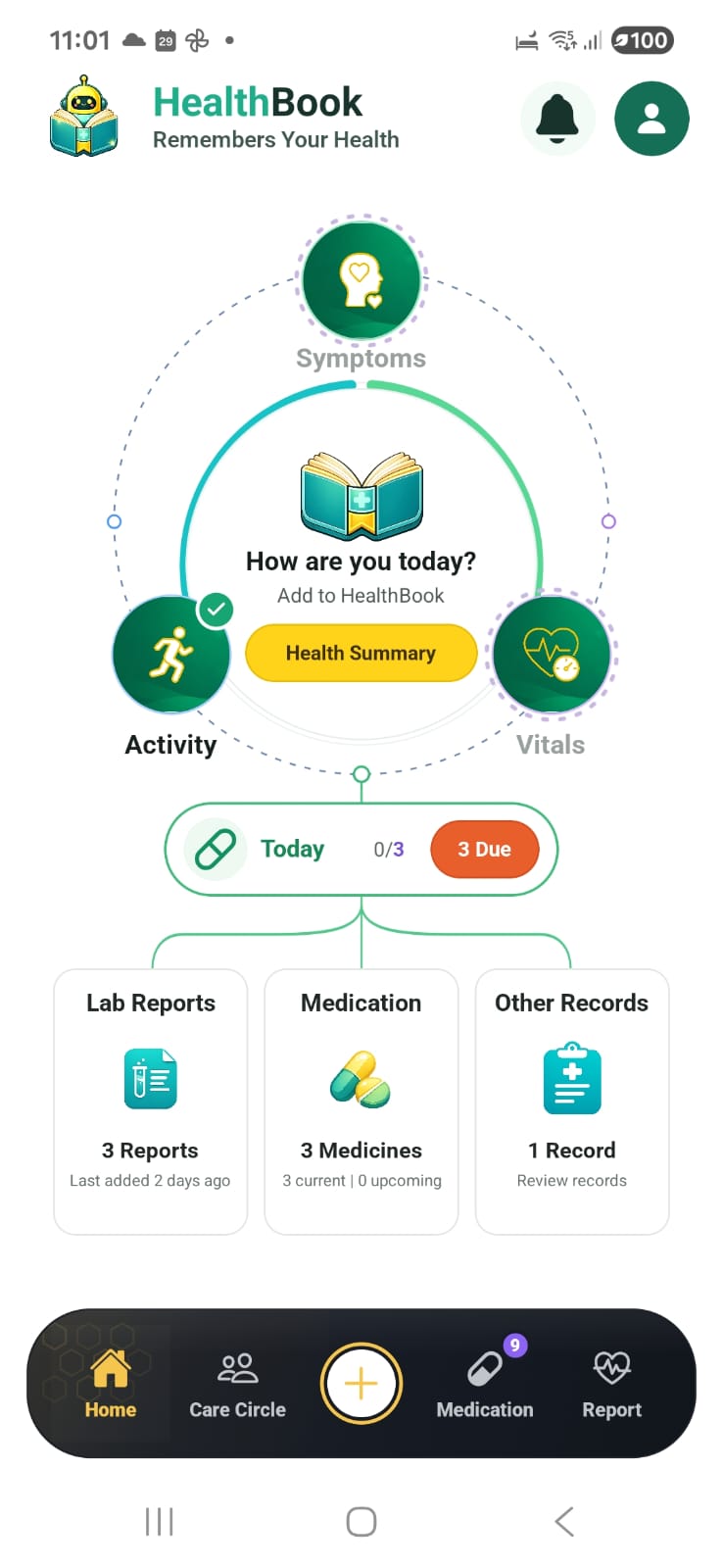 The real HealthBook home screen with symptoms, activity, vitals, reports, and medication