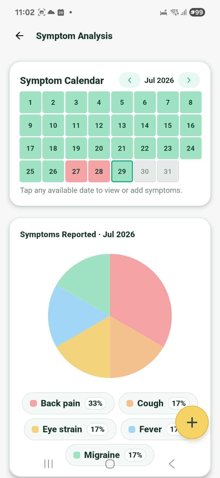 HealthBook symptom analysis screen with calendar and symptom history